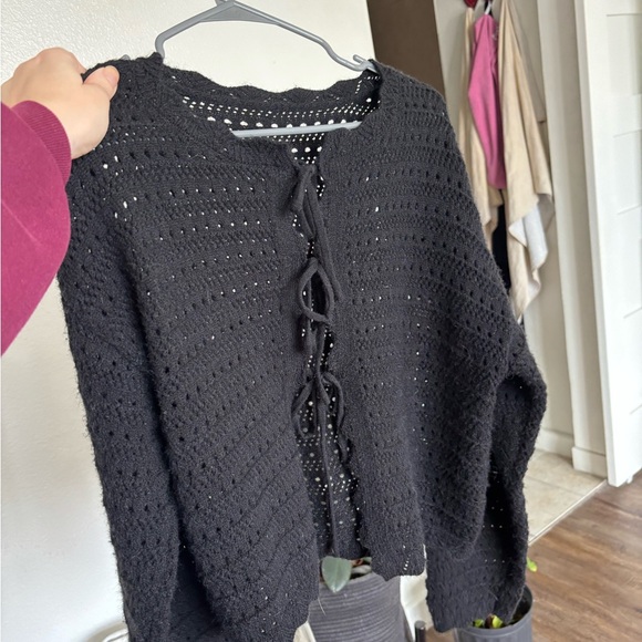 Tie Front Cardigan Scallop Crewneck Long Sleeve Knit Sweater - Picture 6 of 7